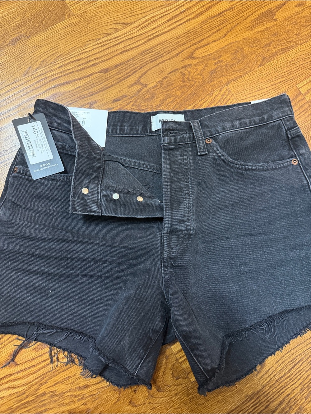 Agolde Parker Long Black Denim Shorts with Raw Hem 27